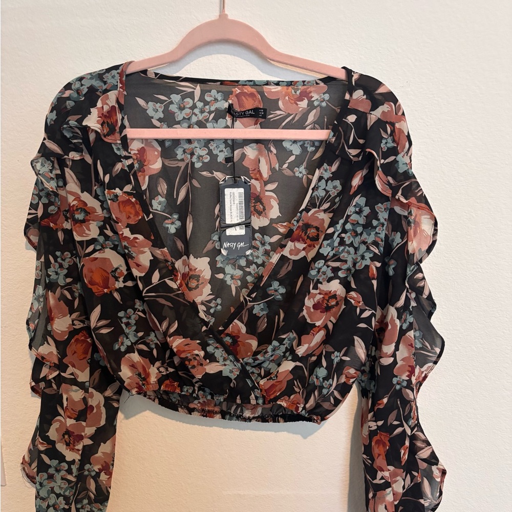 Nasty Gal Red Orange Floral Ruffled Crop Blouse